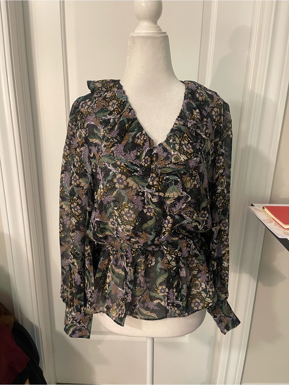 Catherine Malandrino Black Floral Ruffle Blouse